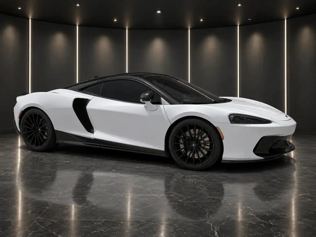 McLaren GT front three-quarter view, after CarShots Dark Showroom background