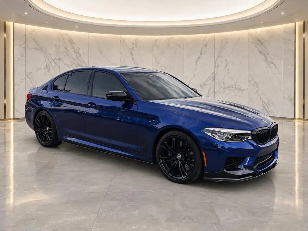 BMW M5 front three-quarter view, after CarShots Marble Showroom background