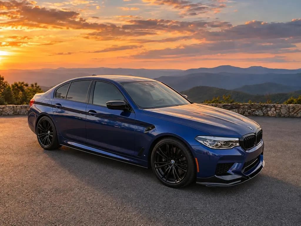 BMW M5 front three-quarter view, after CarShots Mountain Overlook background